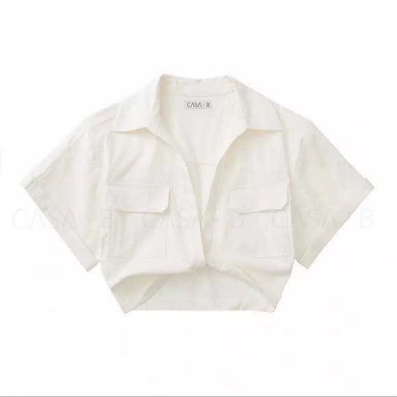 5⭐️CASA B | Christy Twist Front Cropped Plunge Front Pocket Blouse - Picture 6 of 11